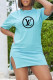 Light Blue Fashion Casual Print Letter O Neck One Step Skirt Dresses