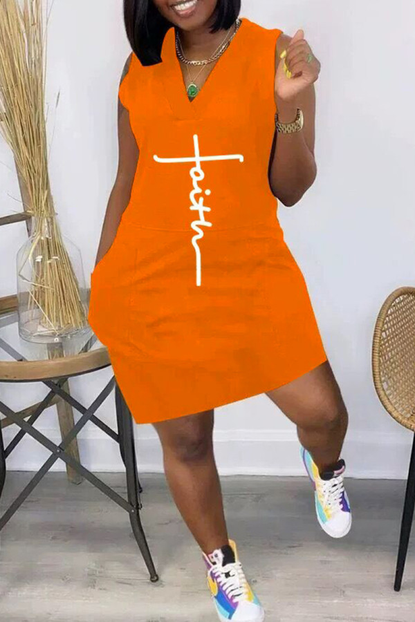 Orange Fashion Casual Print Patchwork V Neck Sleeveless Dress