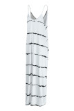 White Fashion Striped Print Backless Spaghetti Strap Long Dress
