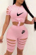Pink Fashion Casual Print Ripped O Neck Short Sleeve Two Pieces