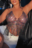 Black Fashion Sexy Patchwork Rhinestone Tassel Backless Halter Tops