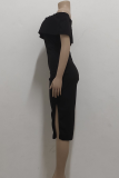 Black Casual Solid High Opening Off the Shoulder Pencil Skirt Dresses