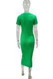 Green Sexy Solid Hollowed Out Patchwork V Neck Pencil Skirt Dresses