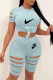 Blue Fashion Casual Print Ripped O Neck Short Sleeve Two Pieces