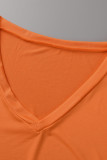 Tangerine Red Casual Print Split Joint V Neck Dresses