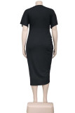 Black Casual Solid Patchwork Fold Asymmetrical O Neck Plus Size Dresses