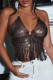 Black Fashion Sexy Patchwork Rhinestone Tassel Backless Halter Tops