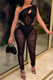White Sexy Solid Patchwork See-through Backless One Shoulder Sleeveless Two Pieces