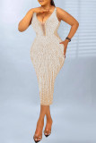 Apricot Fashion Sexy Patchwork Hot Drill V Neck Sleeveless Dress