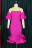 Rose Red Fashion Sexy Solid Patchwork Backless Strapless Evening Dress