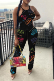 Black Sexy Print Letter Spaghetti Strap Sleeveless Two Pieces