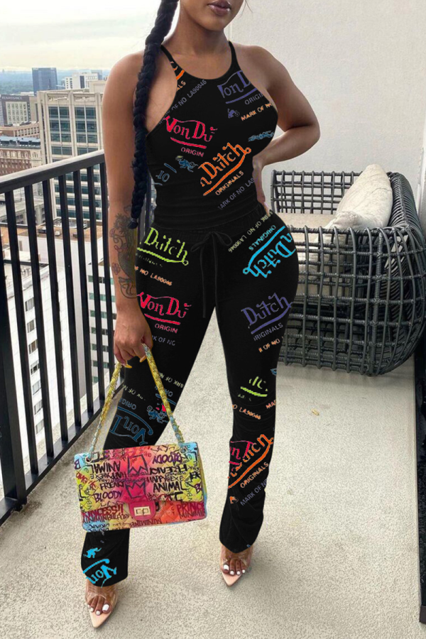 Black Sexy Print Letter Spaghetti Strap Sleeveless Two Pieces