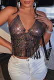 Black Fashion Sexy Patchwork Rhinestone Tassel Backless Halter Tops