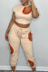 Khaki Fashion Casual Solid Bandage Patchwork O Neck Short Sleeve Two Pieces