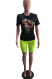 Fluorescent Yellow Casual Print Patchwork O Neck Short Sleeve Two Pieces