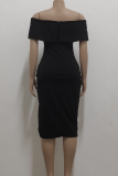 Black Casual Solid High Opening Off the Shoulder Pencil Skirt Dresses