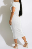 White Sexy Solid Hollowed Out Patchwork V Neck Pencil Skirt Dresses