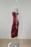 Burgundy Fashion Sexy Patchwork Solid Hollowed Out Backless Spaghetti Strap Evening Dress
