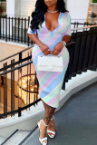 Light Blue Casual Print Patchwork Turndown Collar One Step Skirt Dresses