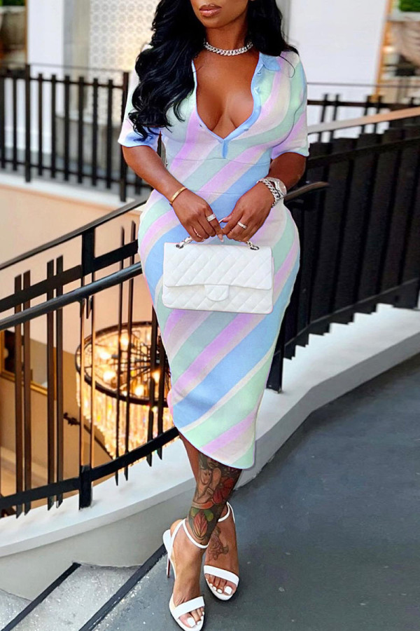 Light Blue Casual Print Patchwork Turndown Collar One Step Skirt Dresses