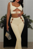 Yellow Fashion Sexy Solid Hollowed Out V Neck Sleeveless Two Pieces