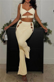 Yellow Fashion Sexy Solid Hollowed Out V Neck Sleeveless Two Pieces
