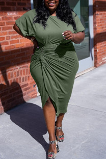 Army Green Casual Solid Patchwork Fold Asymmetrical O Neck Plus Size Dresses