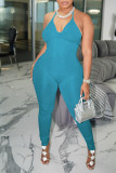 Blue Sexy Solid Patchwork Spaghetti Strap Skinny Jumpsuits