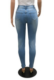 Deep Blue Fashion Casual Print Basic Mid Waist Skinny Denim Jeans