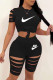 Black Fashion Casual Print Ripped O Neck Short Sleeve Two Pieces
