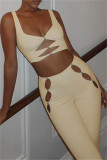 Yellow Fashion Sexy Solid Hollowed Out V Neck Sleeveless Two Pieces