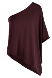 Burgundy Casual Solid Patchwork Asymmetrical Oblique Collar T-Shirts