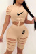 Khaki Fashion Casual Print Ripped O Neck Short Sleeve Two Pieces