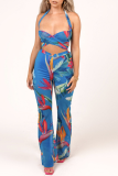 Blue Sexy Print Patchwork Halter Sleeveless Two Pieces