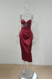 Burgundy Fashion Sexy Patchwork Solid Hollowed Out Backless Spaghetti Strap Evening Dress