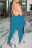 Blue Sexy Solid Patchwork Spaghetti Strap Skinny Jumpsuits