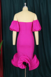 Rose Red Fashion Sexy Solid Patchwork Backless Strapless Evening Dress