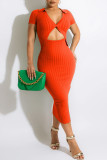 Rose Red Sexy Solid Hollowed Out Patchwork V Neck Pencil Skirt Dresses
