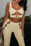 Yellow Fashion Sexy Solid Hollowed Out V Neck Sleeveless Two Pieces