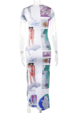 Figure Sexy Print Patchwork O Neck Pencil Skirt Dresses