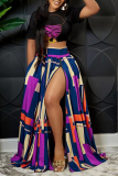 Black Fashion Print Patchwork O Neck Short Sleeve Two Pieces
