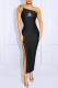 Black Fashion Sexy Print Slit One Shoulder One Step Skirt Dresses