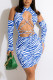 Blue Sexy Print Bandage Hollowed Out Patchwork O Neck Pencil Skirt Dresses