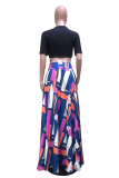 Black Fashion Print Patchwork O Neck Short Sleeve Two Pieces
