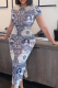 Blue Sexy Print Patchwork O Neck Pencil Skirt Dresses