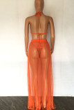Tangerine Sexy Solid Patchwork See-through Halter Sleeveless Two Pieces
