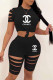 Black Fashion Casual Print Ripped O Neck Short Sleeve Two Pieces