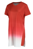 Red Casual Gradual Change Patchwork O Neck Short Sleeve Two Pieces