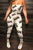 Cream White Sexy Print Split Joint Off the Shoulder Skinny Jumpsuits