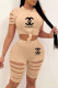 Khaki Fashion Casual Print Ripped O Neck Short Sleeve Two Pieces